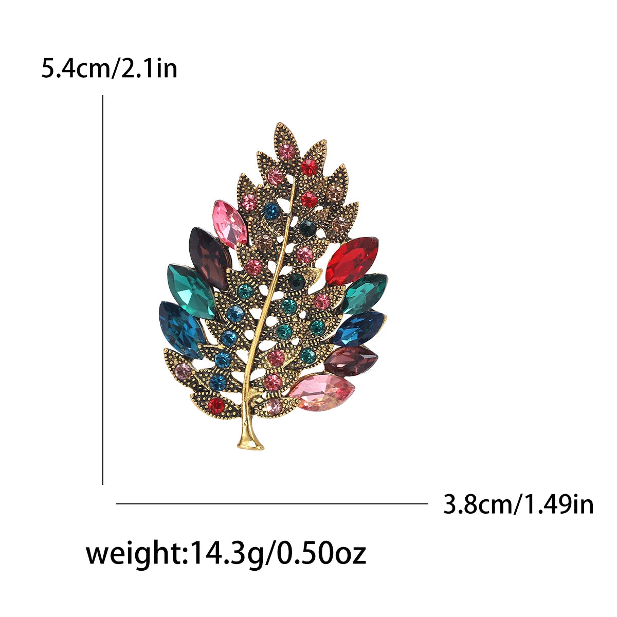 Colorful leaf-shaped brooch with measurements and weight displayed