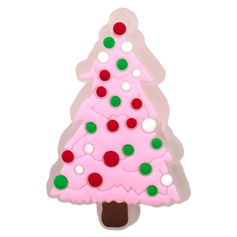 Christmas tree-shaped cookie with pink icing, red and green decorations on a white background