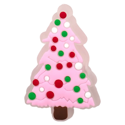 Christmas tree-shaped cookie with pink icing, red and green decorations on a white background