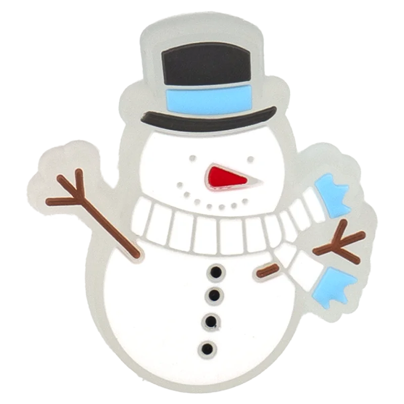 Cartoon snowman with a top hat, scarf, and carrot nose on a white background