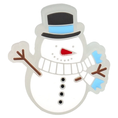 Cartoon snowman with a top hat, scarf, and carrot nose on a white background