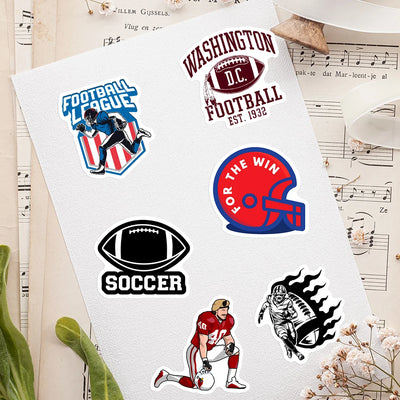 Collection of sports-themed stickers on a white card with musical notes in the background