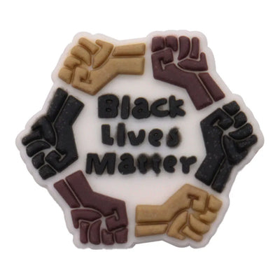 Charm with raised fists in multiple colors and 'Black Lives Matter' text on a white background