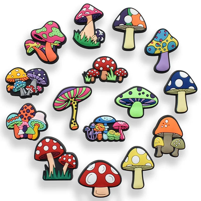 Colorful mushroom-shaped shoe pins on a white background