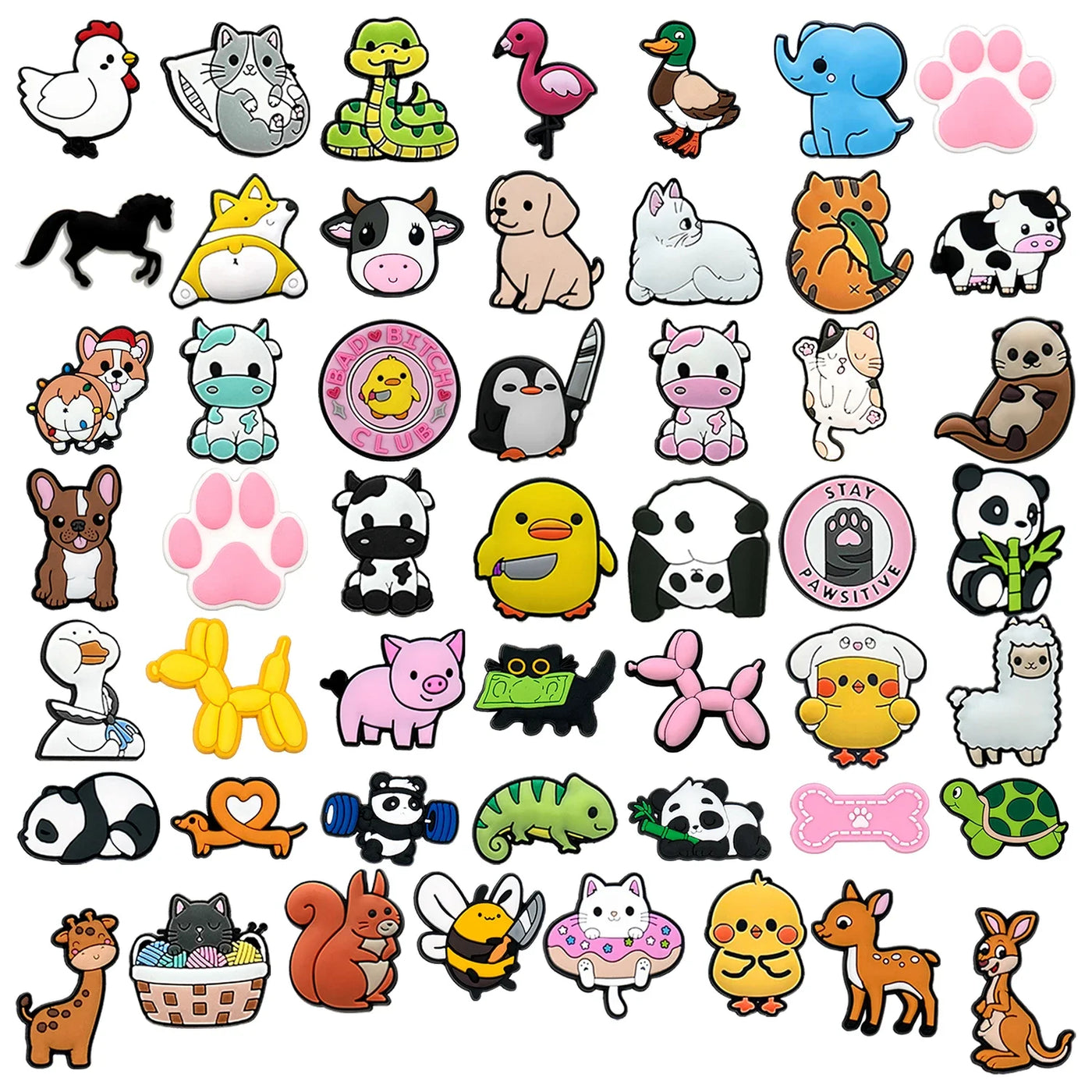 Collection of various cartoon animal and paw print shoe charms on a white background