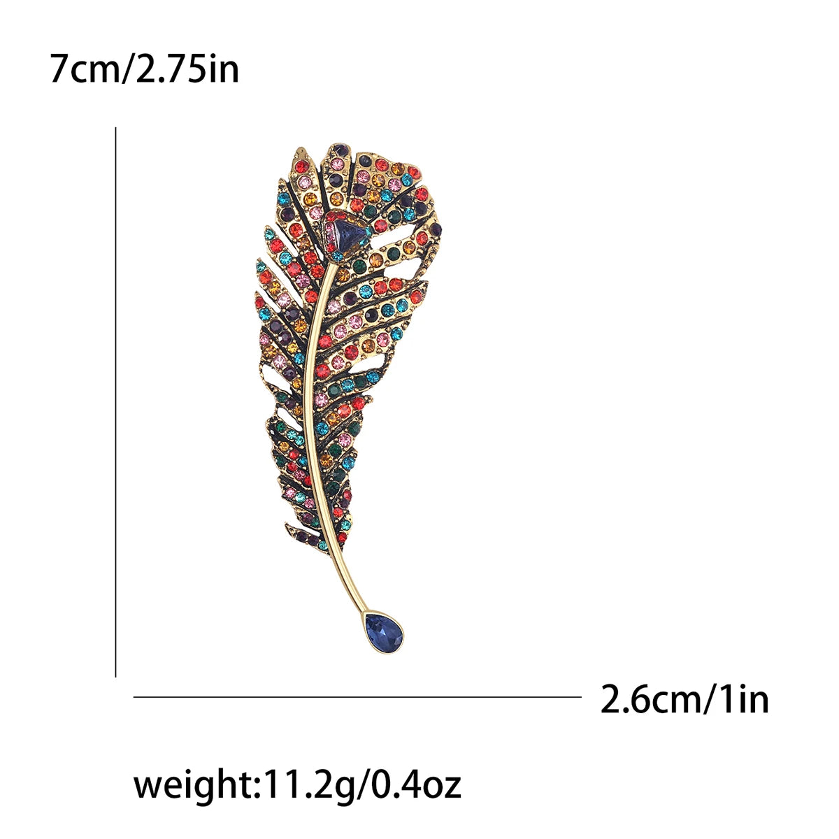 Colorful feather-shaped brooch with measurements and weight details on a white background