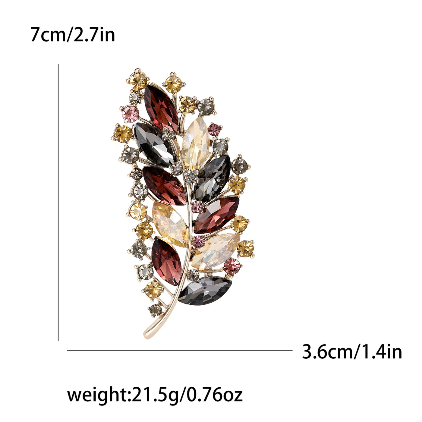 Multicolored leaf-shaped brooch with measurements and weight details on a white background