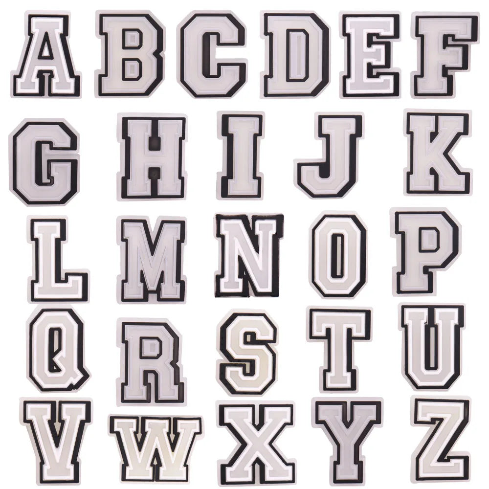 shoe charms Alphabet letters from A to Z in a grid pattern on a white background
