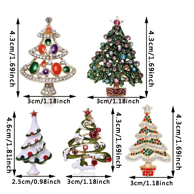 Set of Christmas tree-shaped brooches with measurements on a white background
