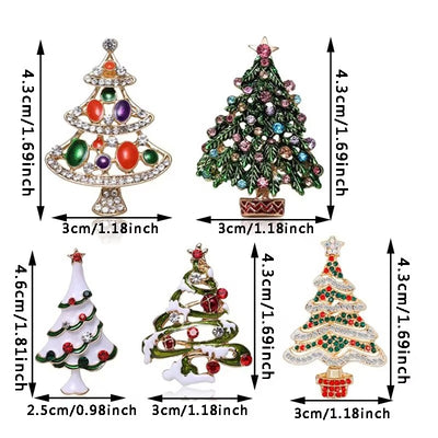 Set of Christmas tree-shaped brooches with measurements on a white background