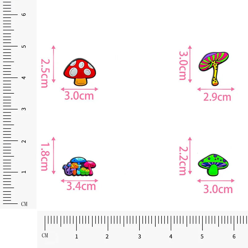 Colorful mushroom-shaped shoe pins with measurements in centimeters on a white background.