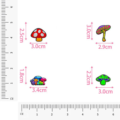 Colorful mushroom-shaped shoe pins with measurements in centimeters on a white background.