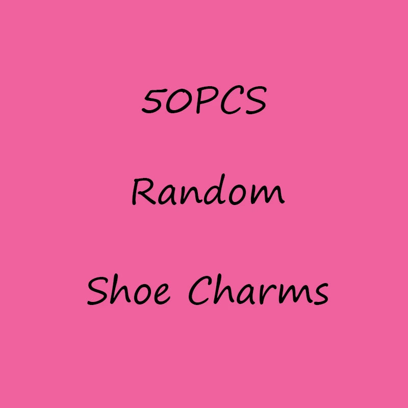 Text '50PCS Random Shoe Charms' on a pink background