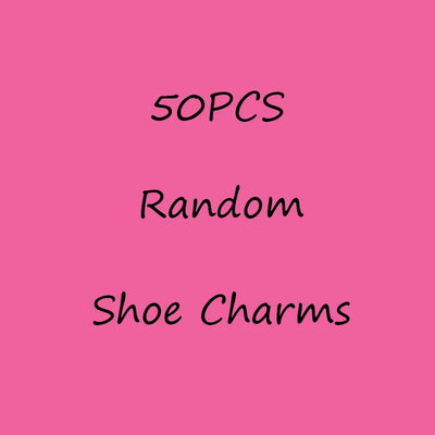 Text '50PCS Random Shoe Charms' on a pink background
