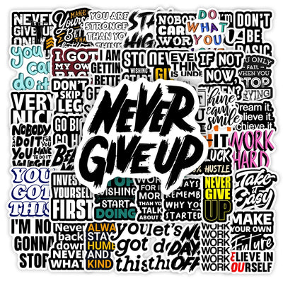Collage of motivational phrases with 'Never Give Up' prominently displayed.