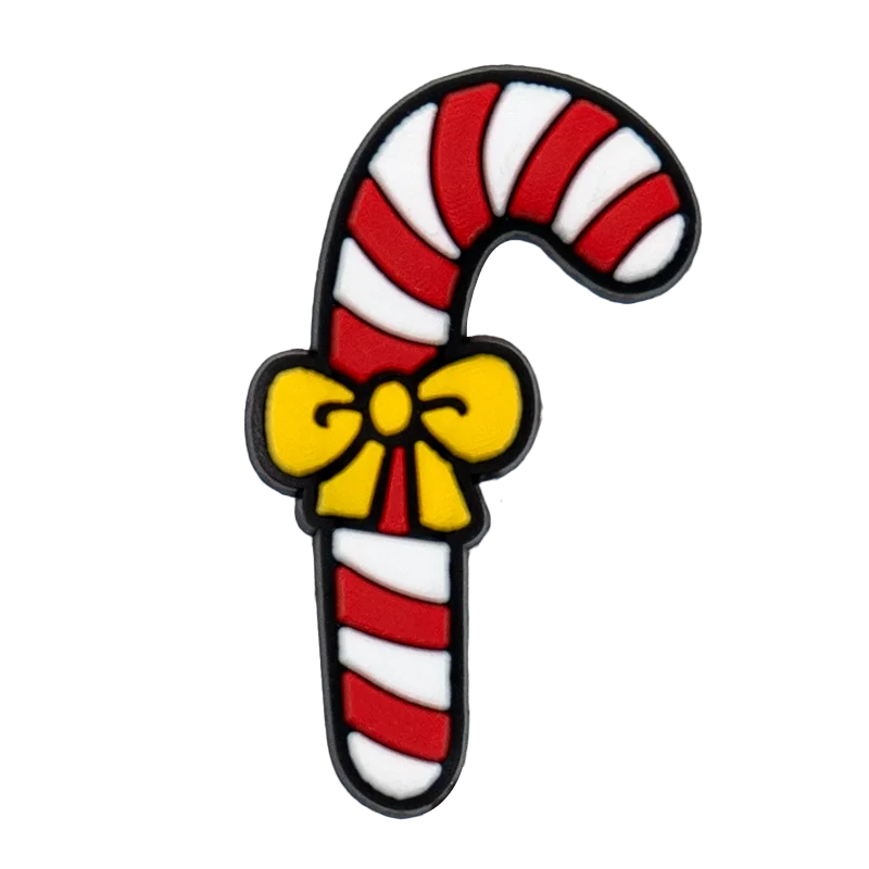 shoe charm ornament of Candy cane with a yellow bow on a white background