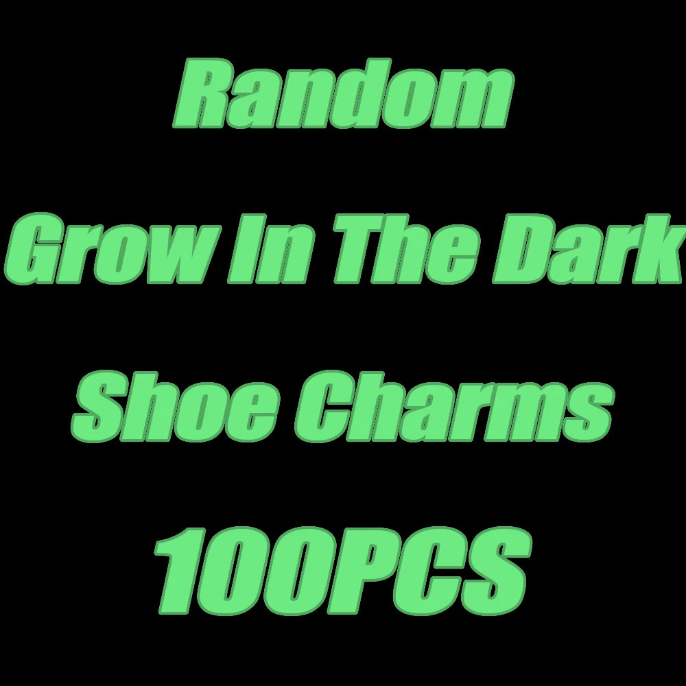 Text on a black background describing random grow-in-the-dark shoe charms with 100 pieces.