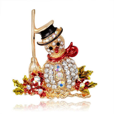 Decorative snowman brooch with gemstones on a white background