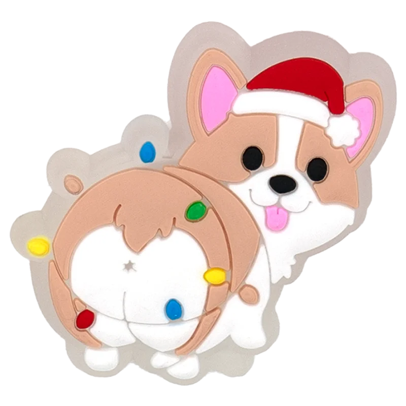 Cartoon dog wearing a Santa hat with a Christmas wreath on a white background