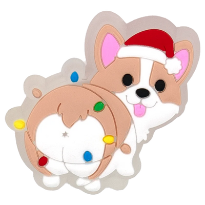 Cartoon dog wearing a Santa hat with a Christmas wreath on a white background