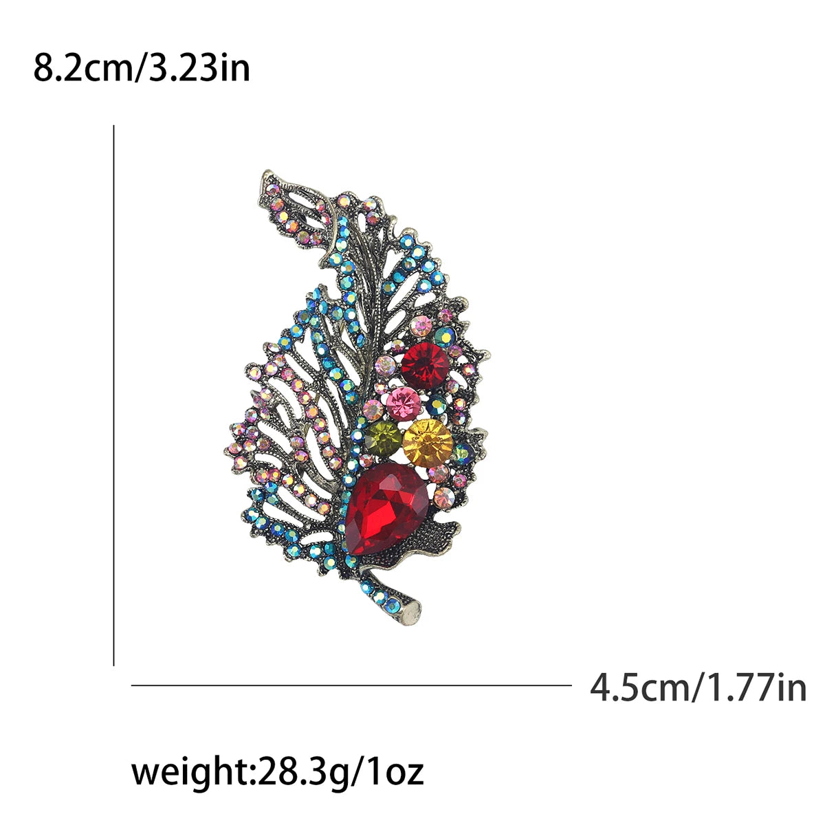 Colorful brooch with measurements on a white background