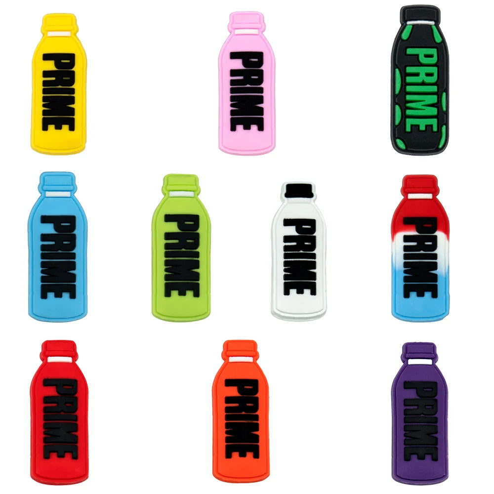 Colorful water bottles with 'PRIME' branding shoe charms on a white background
