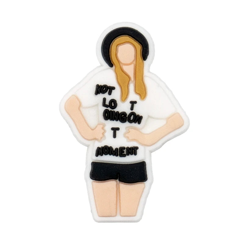 shoe charm of a person wearing a white shirt with text on a white background