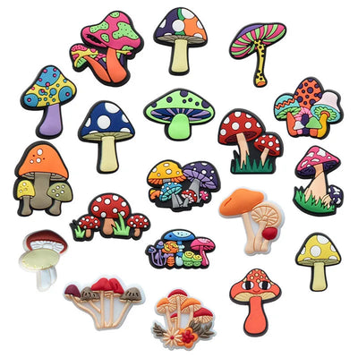Colorful mushroom-shaped shoe pins on a white background