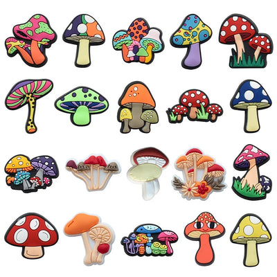 Collection of colorful mushroom-shaped shoe pins on a white background