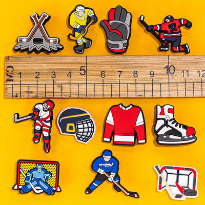 Collection of hockey-themed chars on a yellow background with a ruler for scale.
