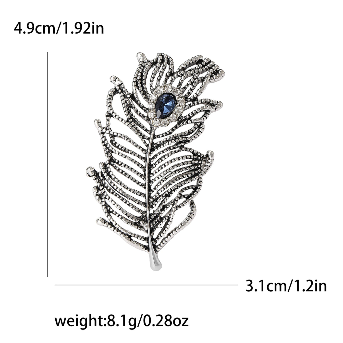 Decorative feather brooch with gemstone, shown with measurements and weight on a white background.