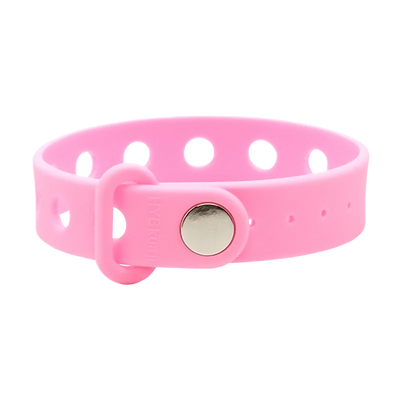Pink wrist band with a metal buckle on a white background