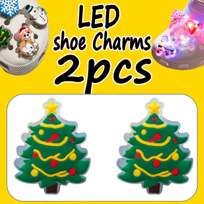 LED shoe charms with Christmas tree design on a yellow background