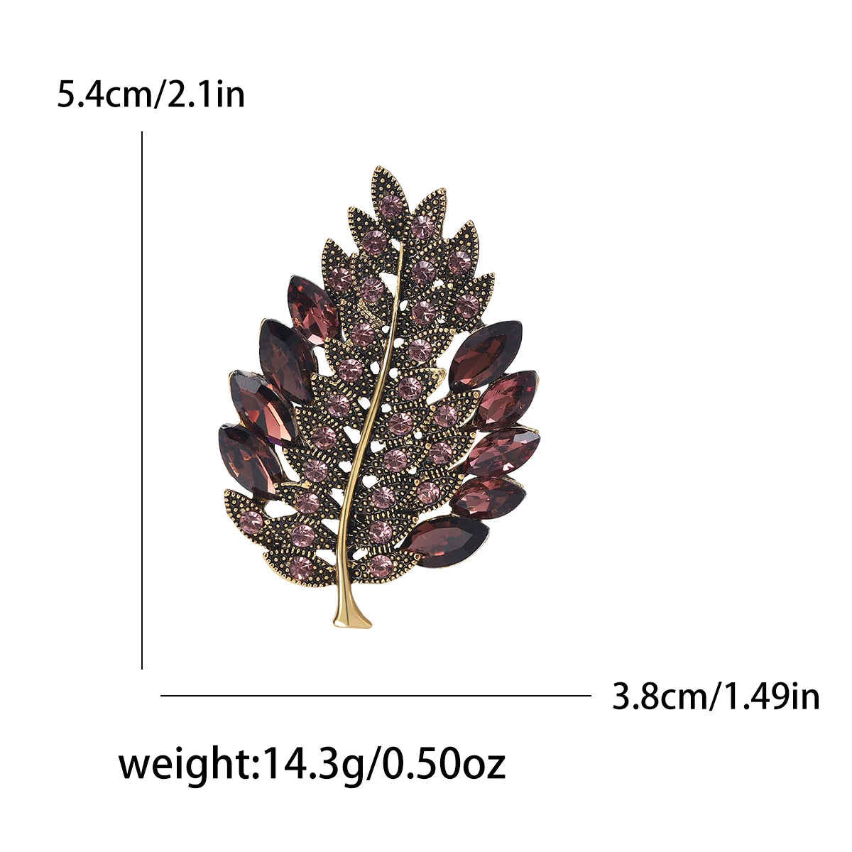 Leaf-shaped brooch with measurements and weight details on a white background