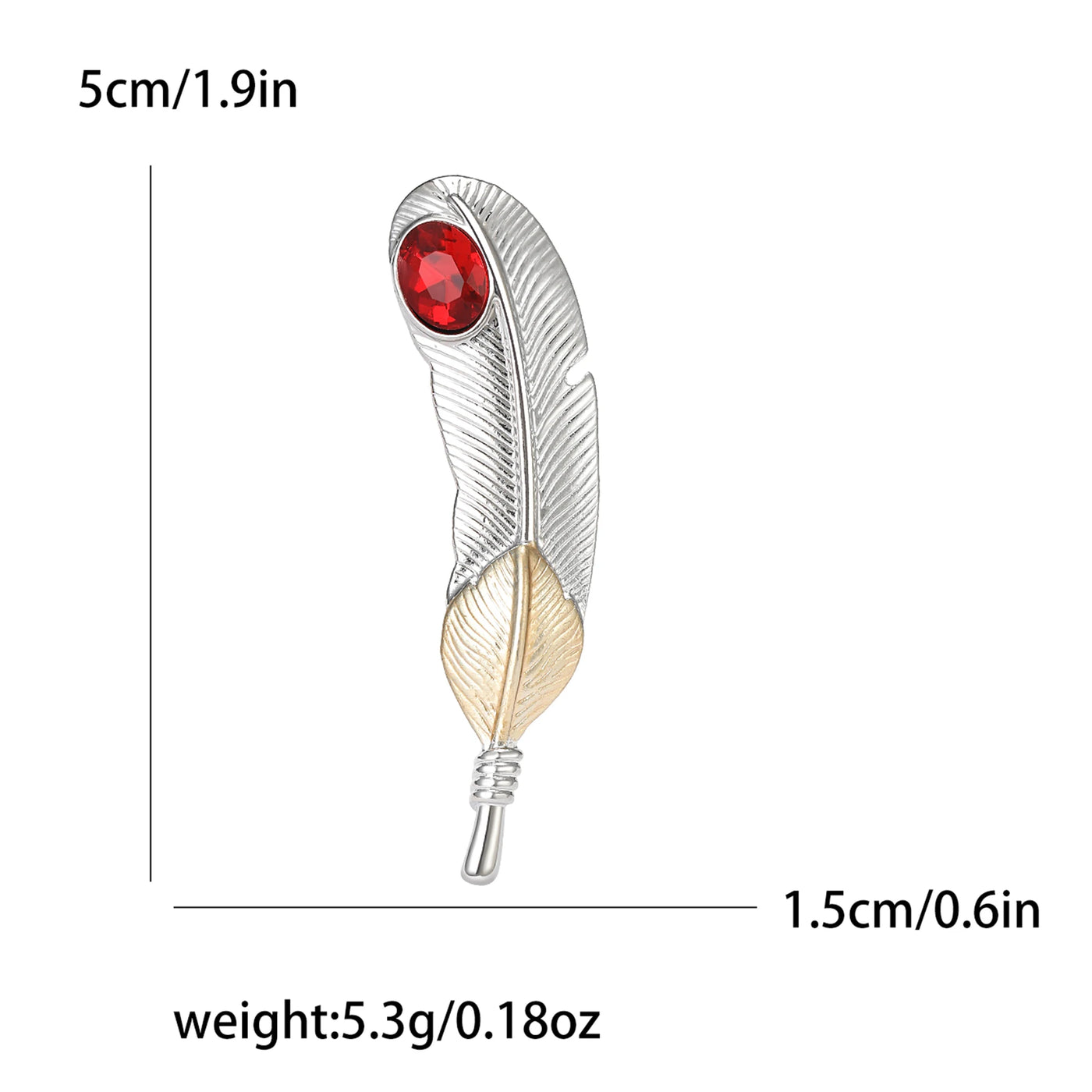 Feather-shaped brooch with red gemstone and measurements on a white background