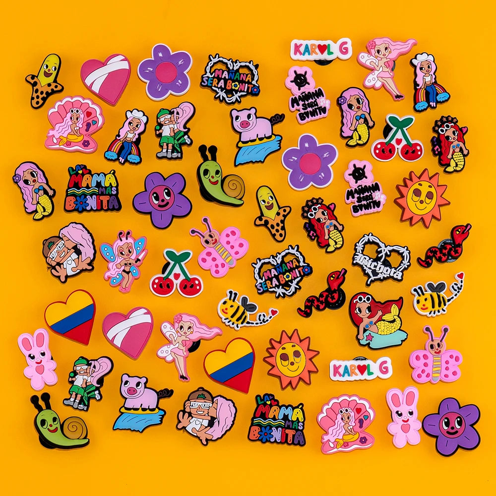 Collection of colorful cartoon character shoe charms on a yellow background