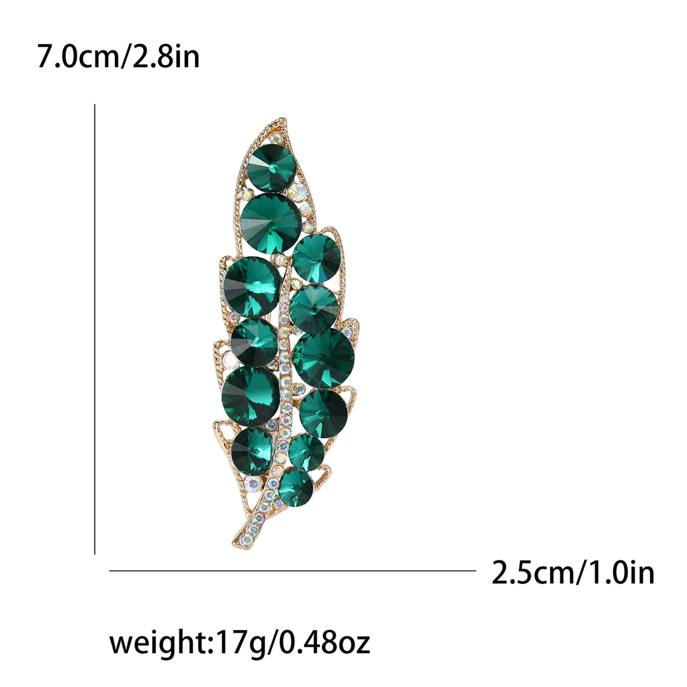 Green gemstone brooch with measurements and weight on a white background