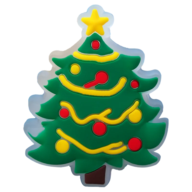 Colorful Christmas tree-shaped decoration with red bulbs, yellow accents, and a star on a white background.