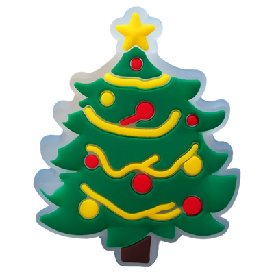 Colorful Christmas tree-shaped decoration with red bulbs, yellow accents, and a star on a white background.