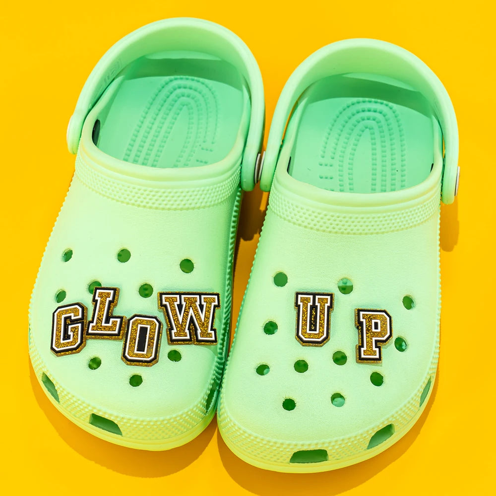 🔠 Gold Glitter Alphabet Shoe Charms (26pc A–Z) — Letters for Clogs & Bags
