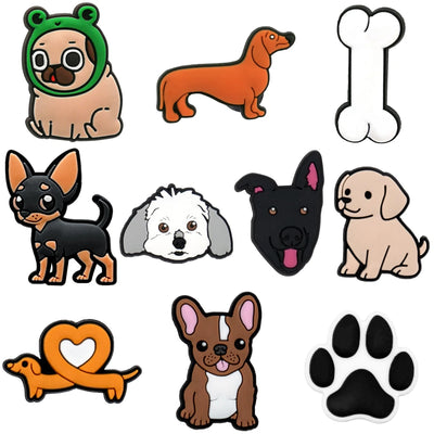 Set of cartoon dog shoe charms and related icons on a white background