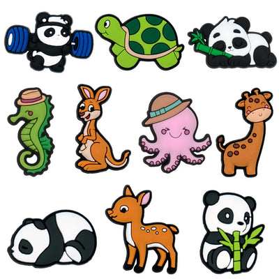 Set of cartoon animal shoe charms on a white background