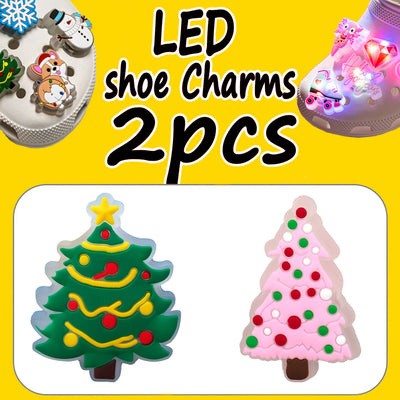 LED shoe charms with Christmas tree design on a yellow background
