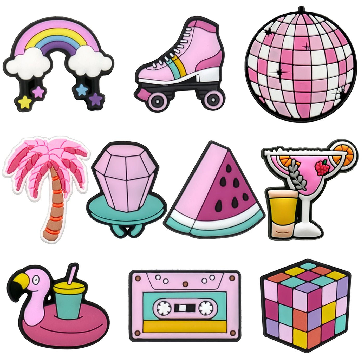 Collection of colorful, cartoon-style shoe charms on a white background