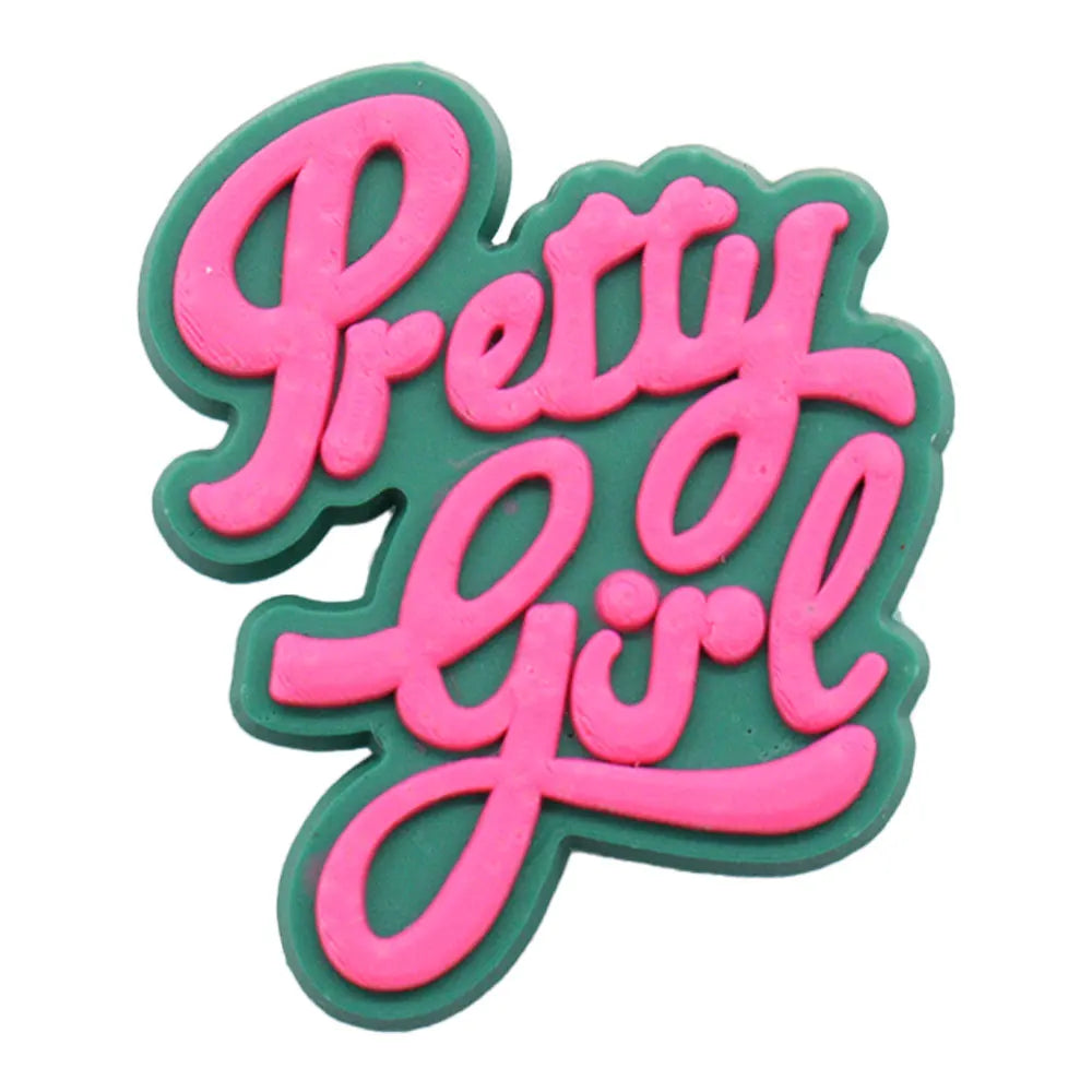 charm with 'Pretty Girl' text in pink and green on a white background
