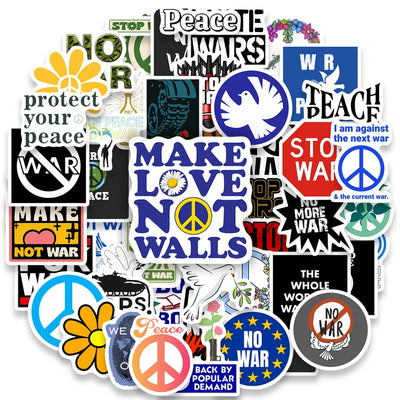 Collection of anti-war and peace-themed stickers on a white background
