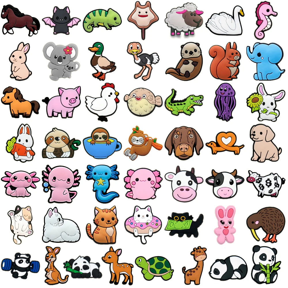 Collection of various cartoon animal shoe charms arranged in a grid on a white background.