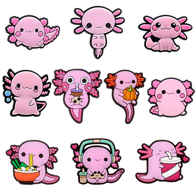 Set of pink axolotl shoe charms with various poses and accessories on a white background