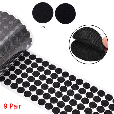 Black adhesive dots with packaging and close-up details on a white background 3 cm circular 