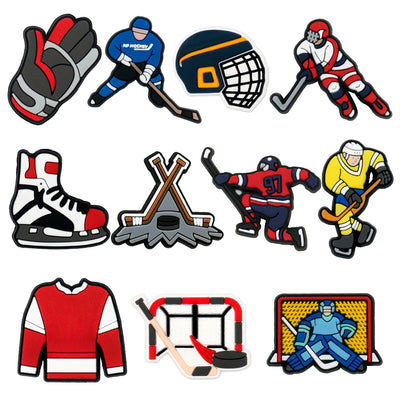 Collection of hockey-themed shoe charms including gloves, helmet, players, skates, sticks, and jerseys on a white background.